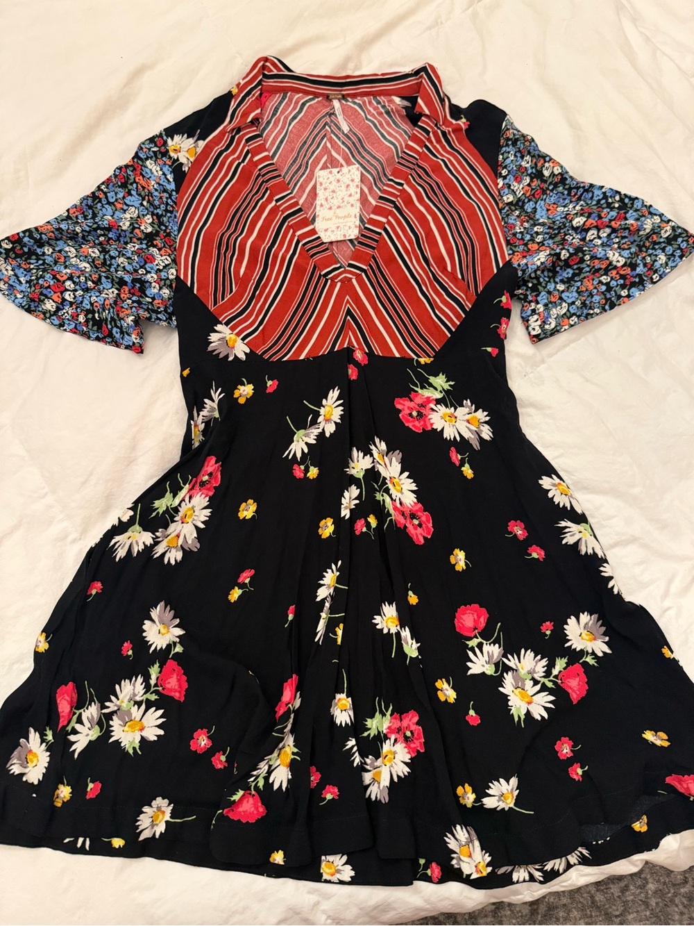 Free People Black Floral & Stripe Mixed-Print Dress